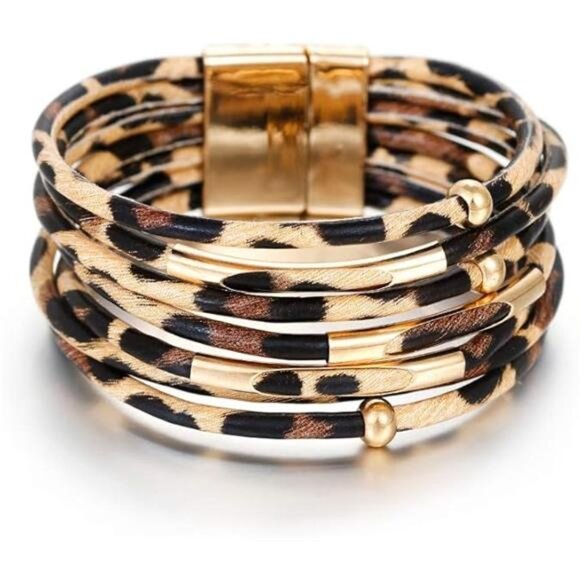 Boho Leather Wrap Bracelet for Women – Multi-Layer Leopard Print - Picture 7 of 7